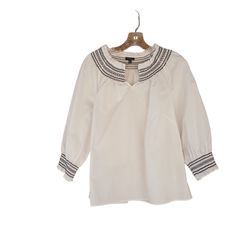 Talbots White Smocked Neckline 3/4 Sleeved Poplin Blouse Size XLP